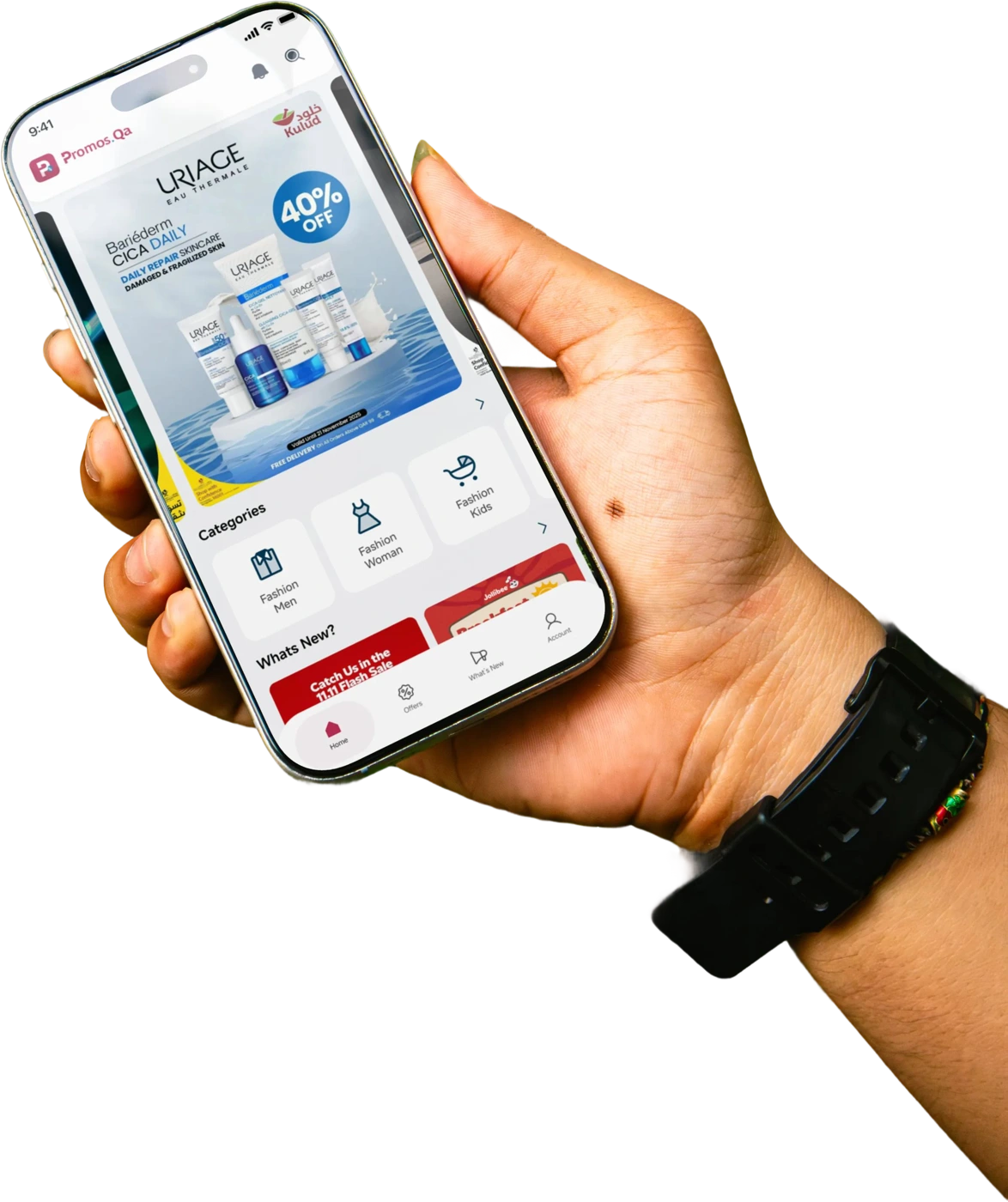 A shopper holding a phone displaying the Promos.Qa offers feed