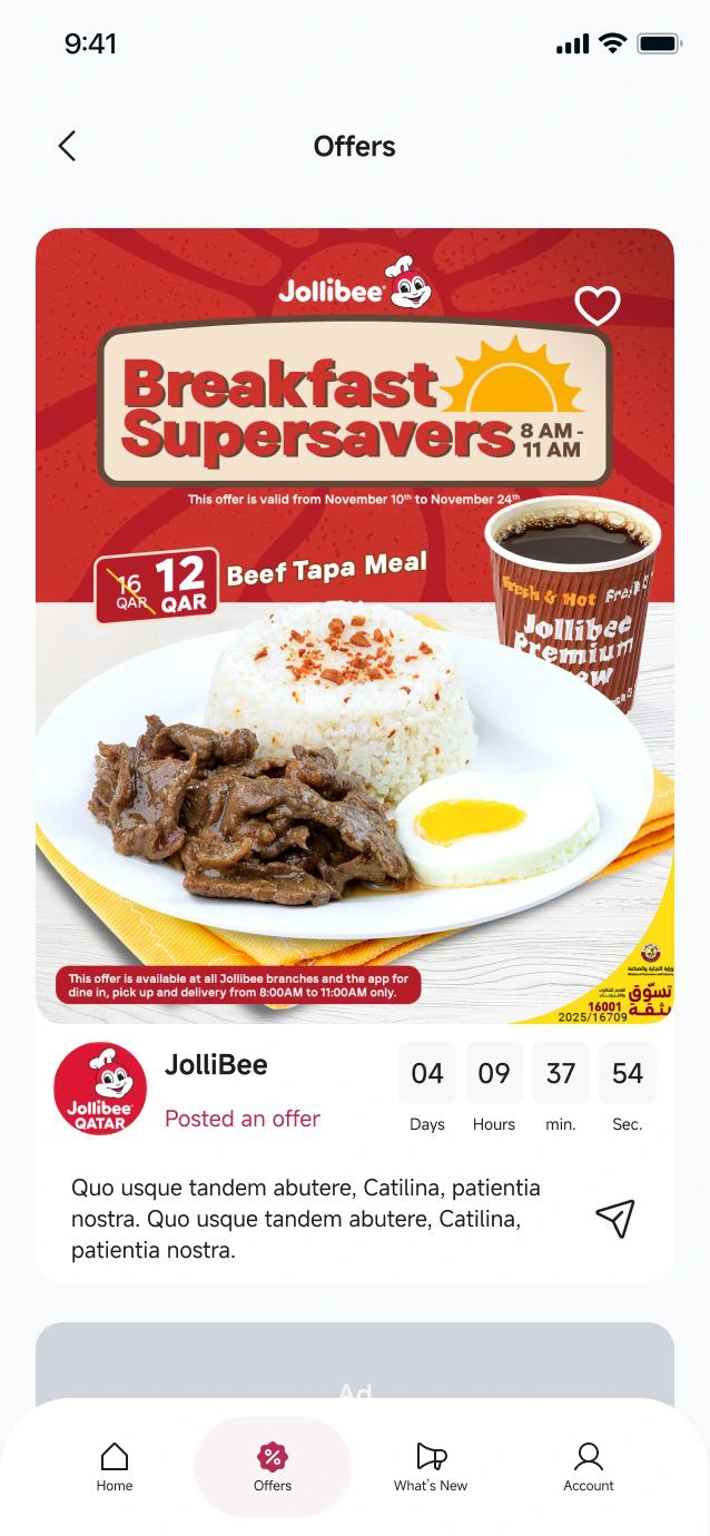 Breakfast offer with coupon details in the original Promos.Qa app